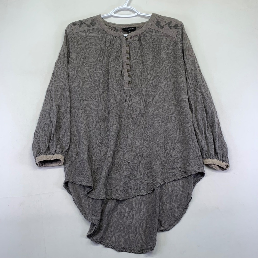 Lucky Brand Women's Blouse Large Gray Paisley Embroidered High Low Button Down‎